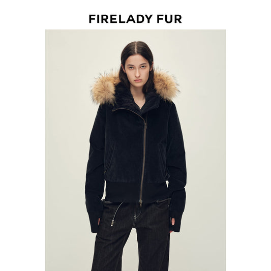 Firelady Women’s Corduroy Down Parka With Detachable Goose Down Hood – Vintage Washed Short Jacket“Boho-Chic”