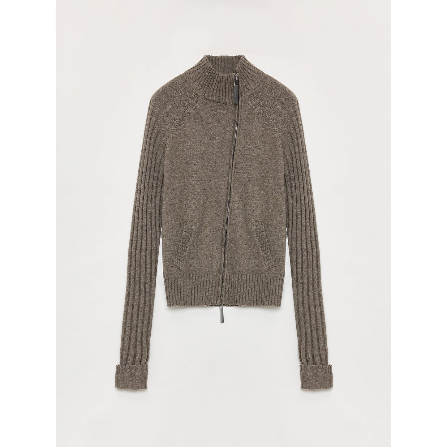 "Senna Melody" Oblique Placket Fine Merino Wool and Cotton Blend Zipper Knitted Cardigan Top for Women