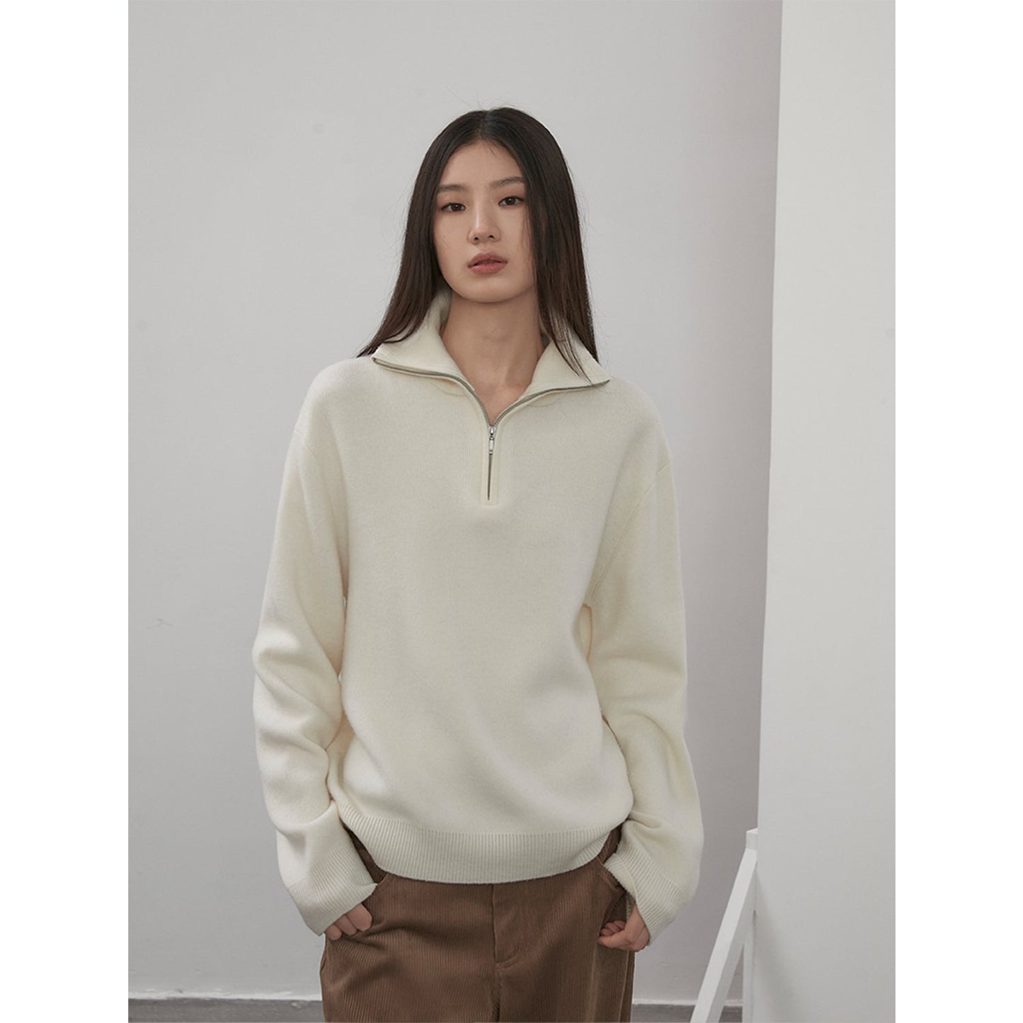 "Moonlight Farm" Merino Wool Lazy Loose Pullover Sweater Women's Zipper Turtleneck Sweater