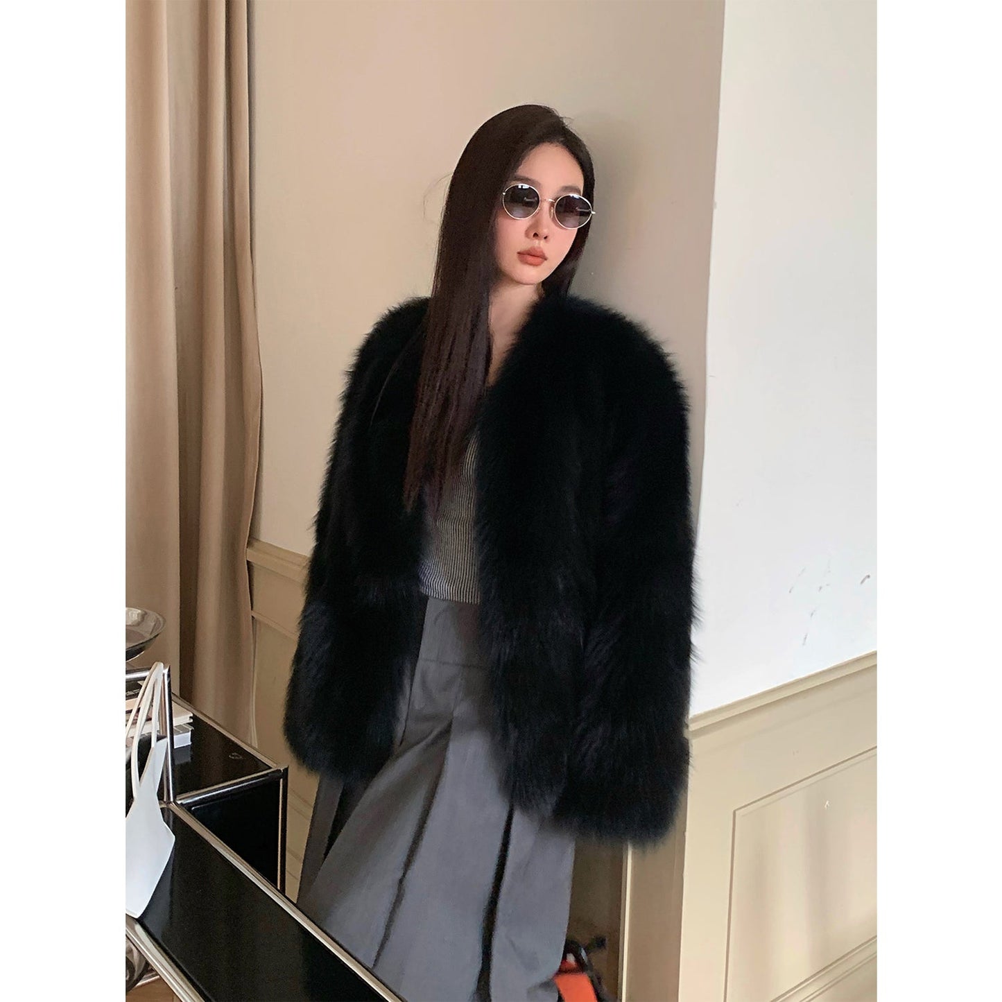 Fireladyfur Women's Finland Saga Fox Fur Fashion Cardigan“Black Sugar”