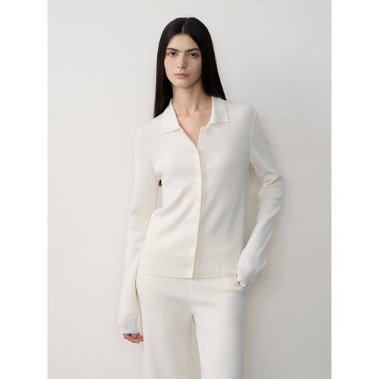"Lazy Urban" Yangtze Merino Wool Polo-Neck Cardigan Straight-Leg Knitted Pants Suit