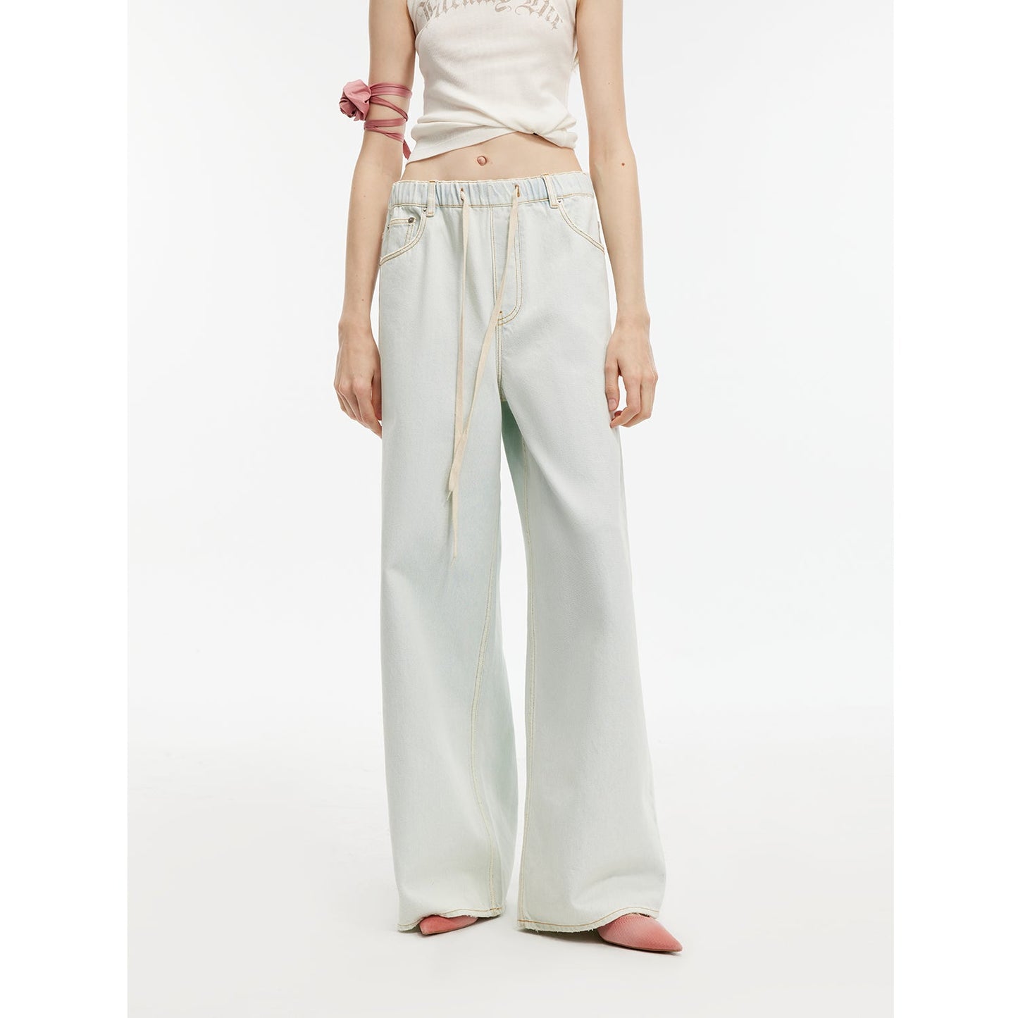 "Mint Whisper" Luxury Brand Same Version Turkish Imported Washed Sports Style Wide-Leg Jeans Spring and Summer