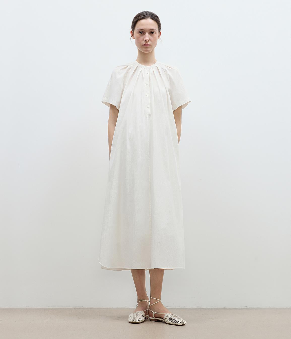 Cotton Stand Collar Pleated Short Sleeve Shirt Dress for Women