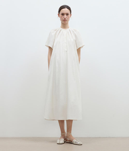 Cotton Stand Collar Pleated Short Sleeve Shirt Dress for Women