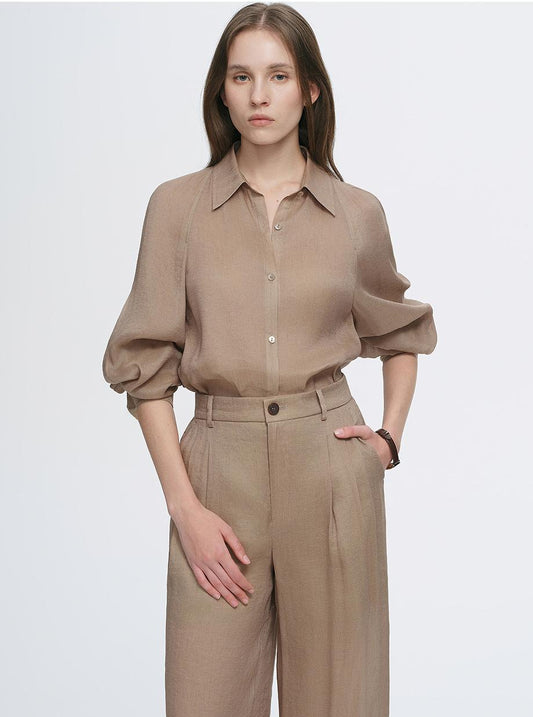 Breathable Mulberry Silk Linen Long-Sleeved Shirt and Trousers Set