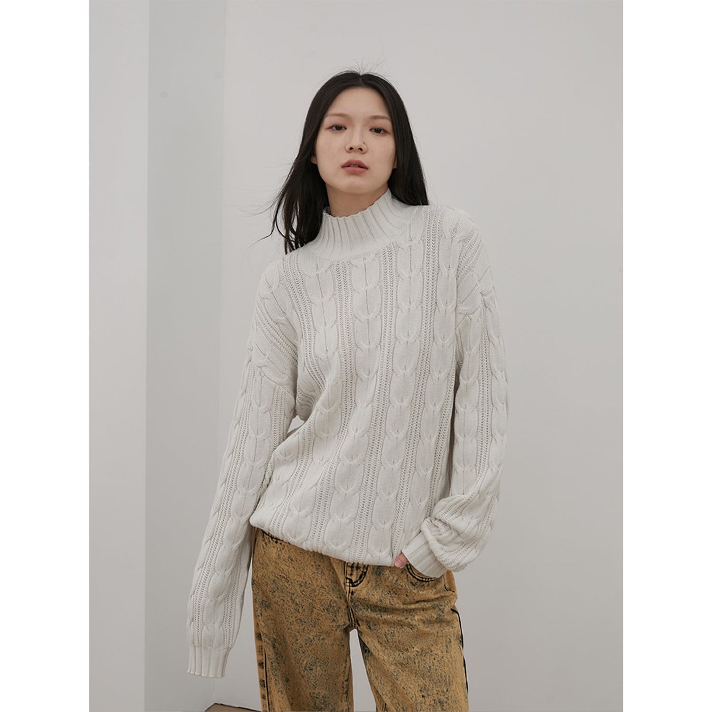 Merino Wool Twisted Oversized Sweaters Turtleneck Long Sleeve Top
