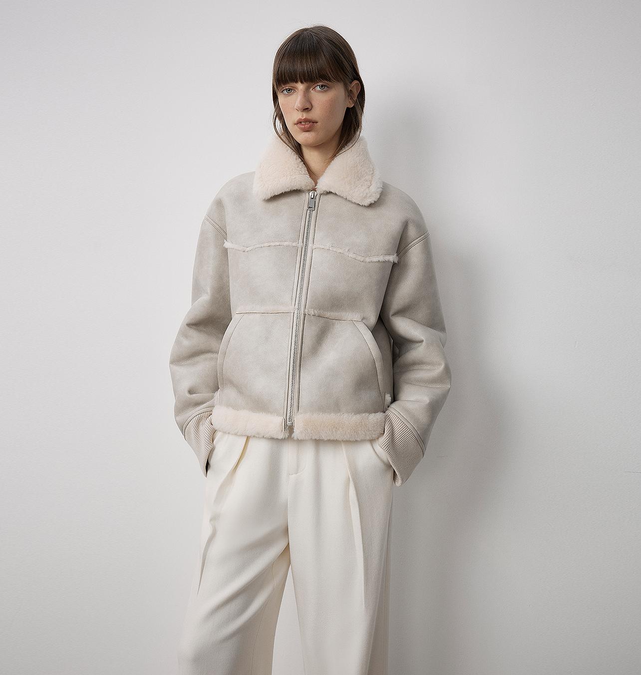 "Makino's Fun" Lapel Wool Artificial Compound Leather Short Style Shearling Jacket