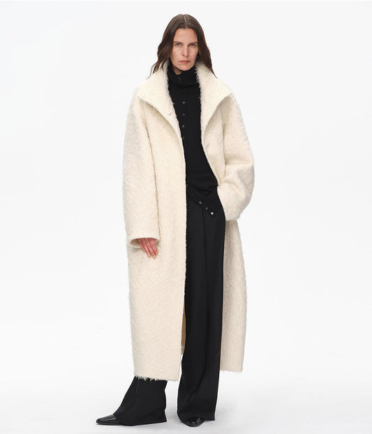 "Song of Snowland"Women's Mohair Wool Stand Collar Coat Autumn and Winter Loose Woolen Coat