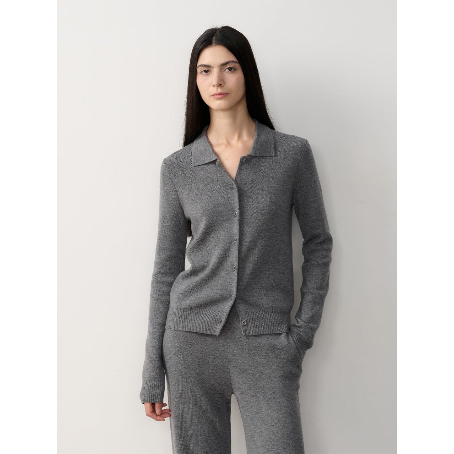 "Lazy Urban" Yangtze Merino Wool Polo-Neck Cardigan Straight-Leg Knitted Pants Suit