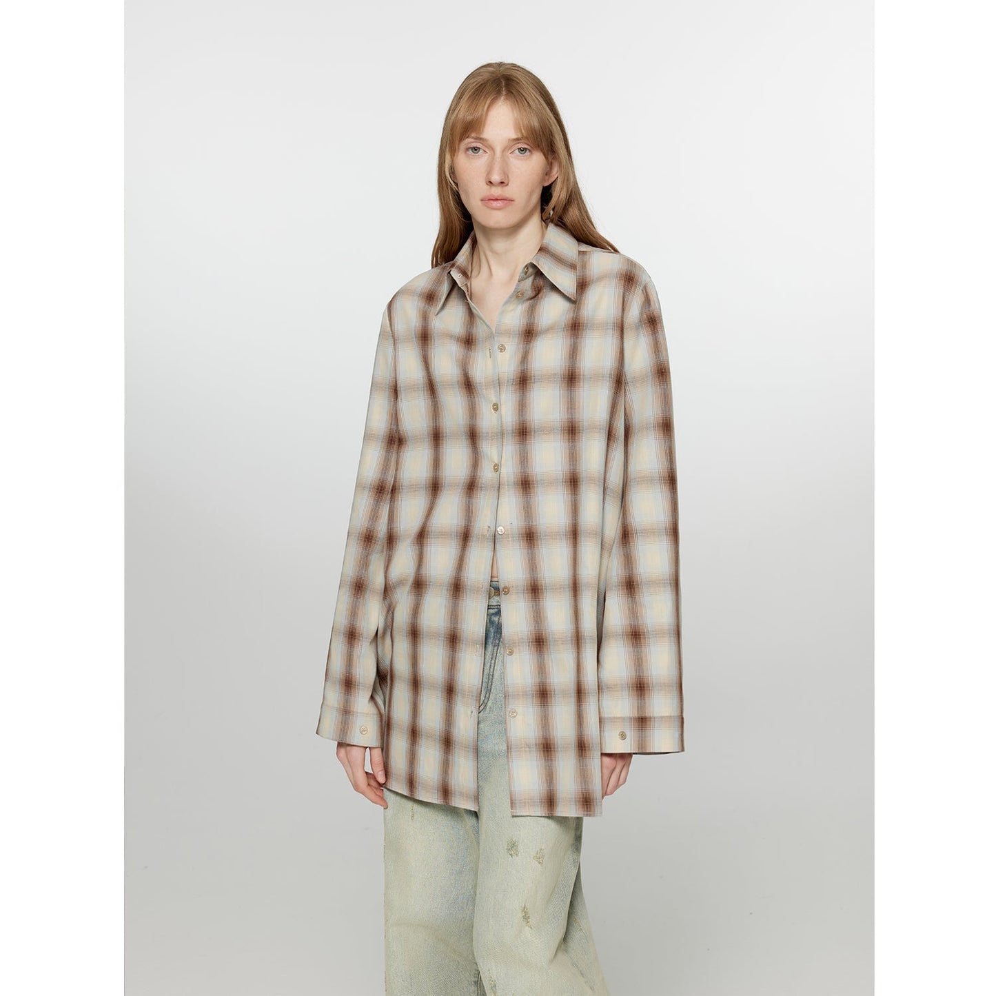 "Tea Grid" High-Quality High-Count Cotton Loose Retro Plaid Shirt