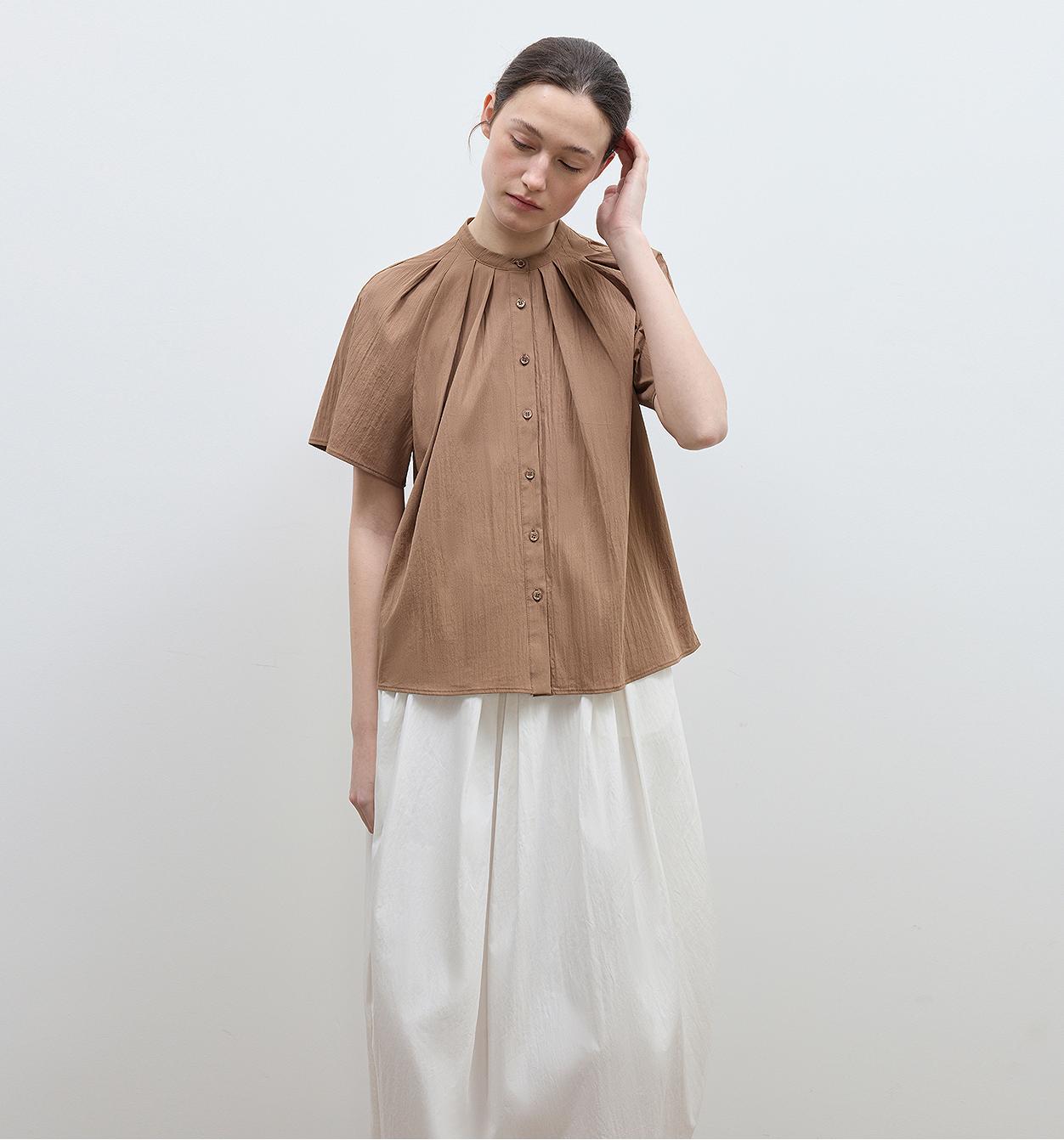 "Silent Island" Stand-Up Collar Pleated Short-Sleeved Shirt Women's Casual Top