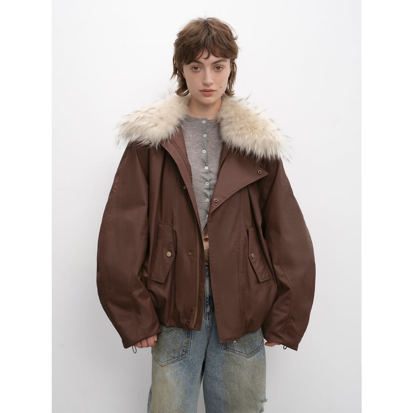 Fireladyfur Women's Warm Short Down Jacket With Raccoon Fur“Cutting-Edge Style”