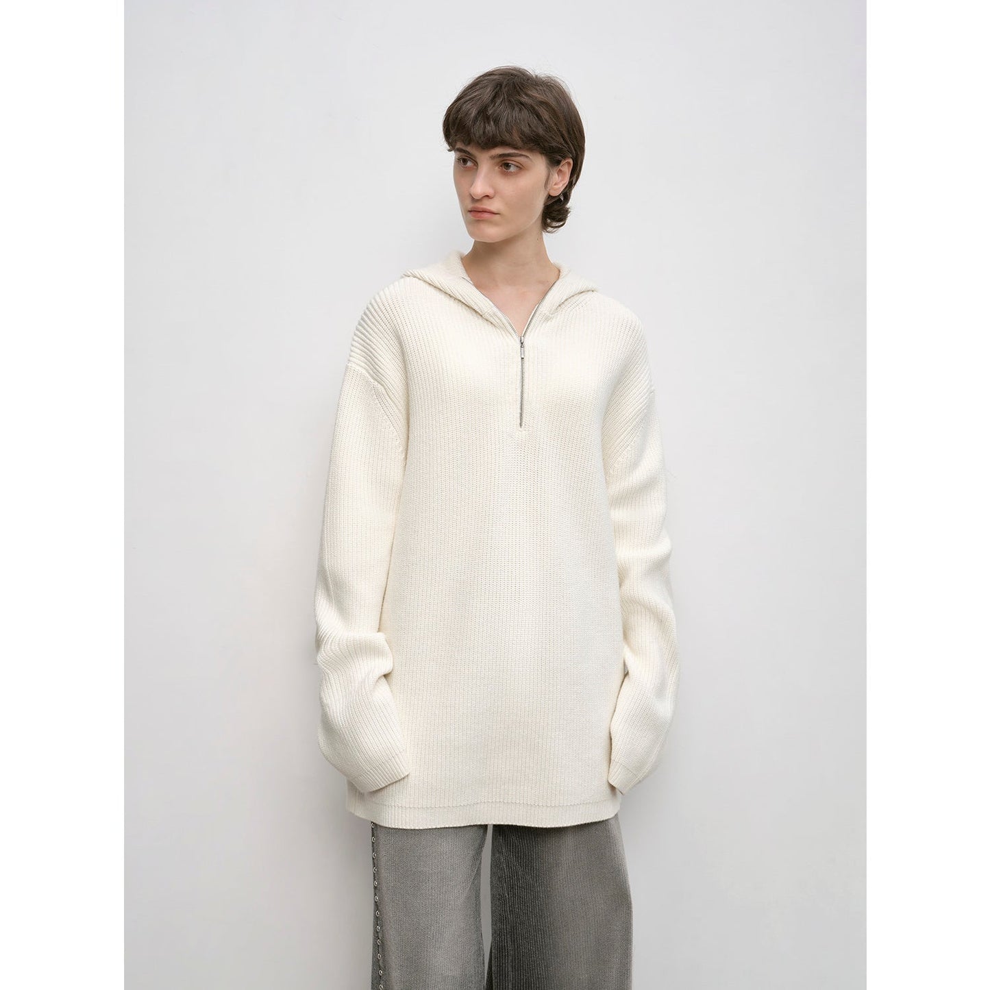 "Autumn Ticket" Simple and Versatile Zhongding 30s Wool Blend Hoodie Zipper Round Neck Sweater
