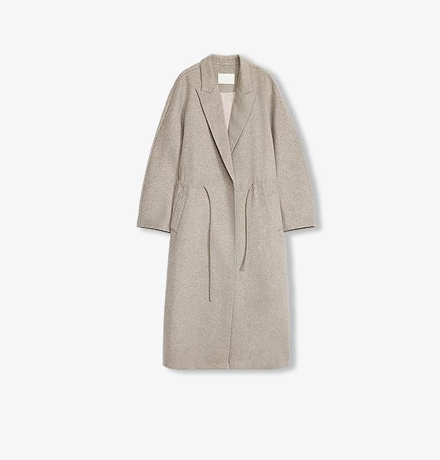 women's Original Color Wool Peaked Lapel Drawstring Mid-Length Wool Coat
