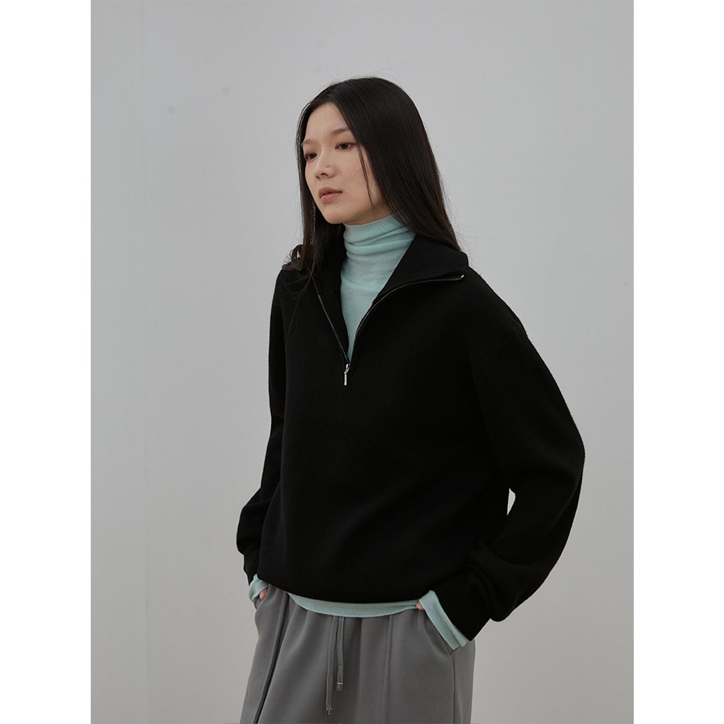 "Moonlight Farm" Merino Wool Lazy Loose Pullover Sweater Women's Zipper Turtleneck Sweater