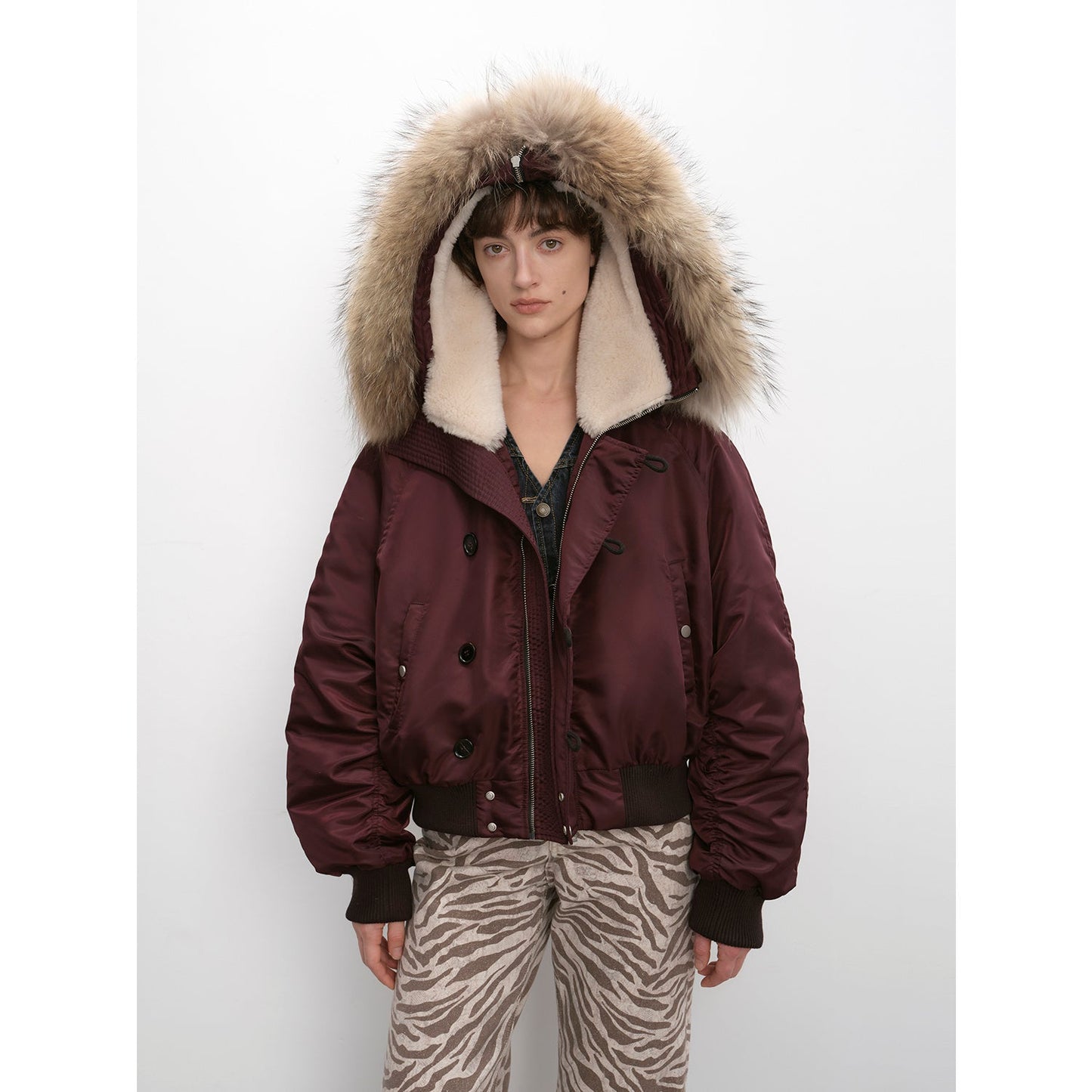 Fireladyfur Warm Short Style Jacket With a Large Fur Hood and Raccoon Fur"Cool and Sharp"