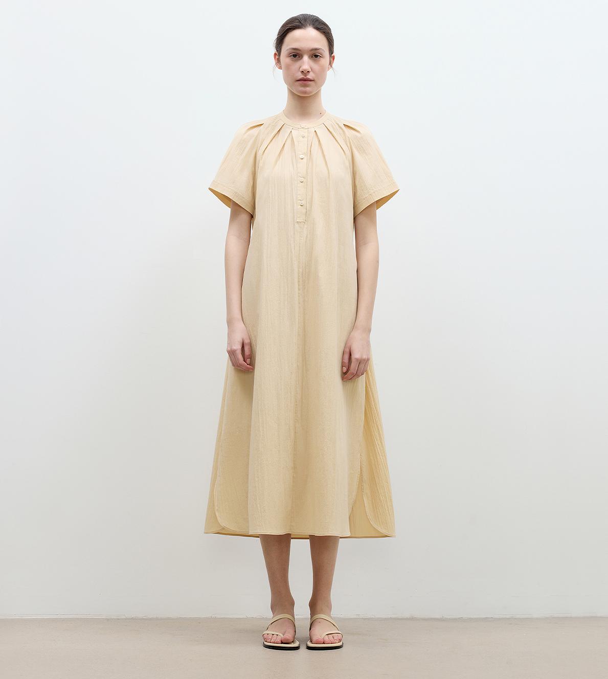 Cotton Stand Collar Pleated Short Sleeve Shirt Dress for Women