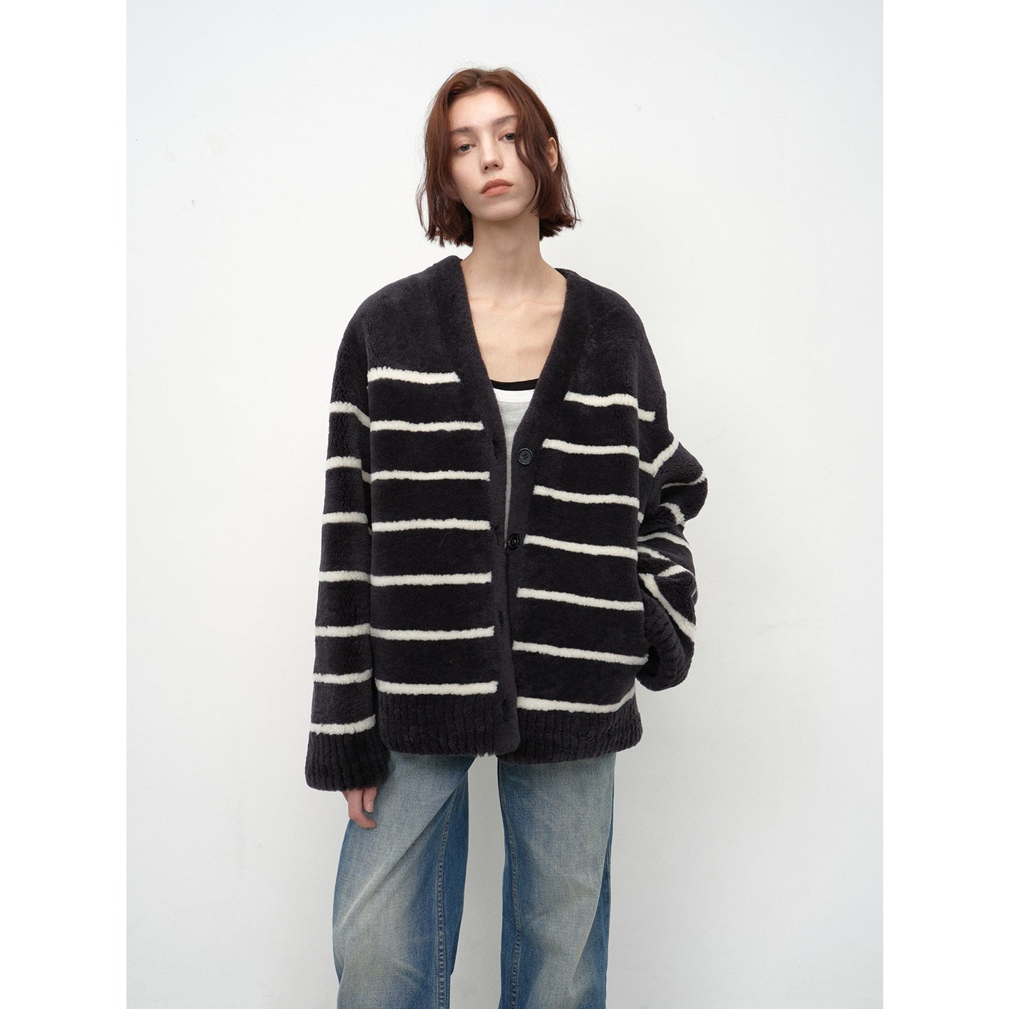 Vitality Girl Classic Simple Versatile Striped Splicing V-Neck Drop Shoulder Merino Sheepskin Coat