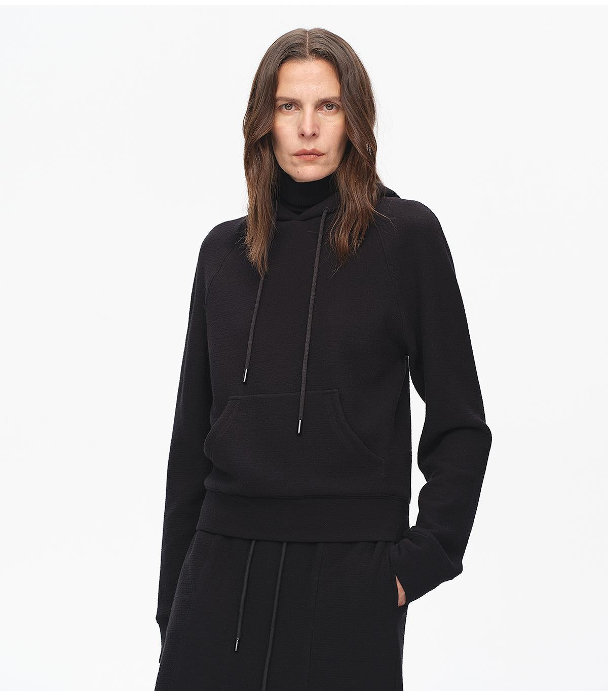 "Casual Life" Textured Cotton Loose Straight Hooded Short Sweatshirt