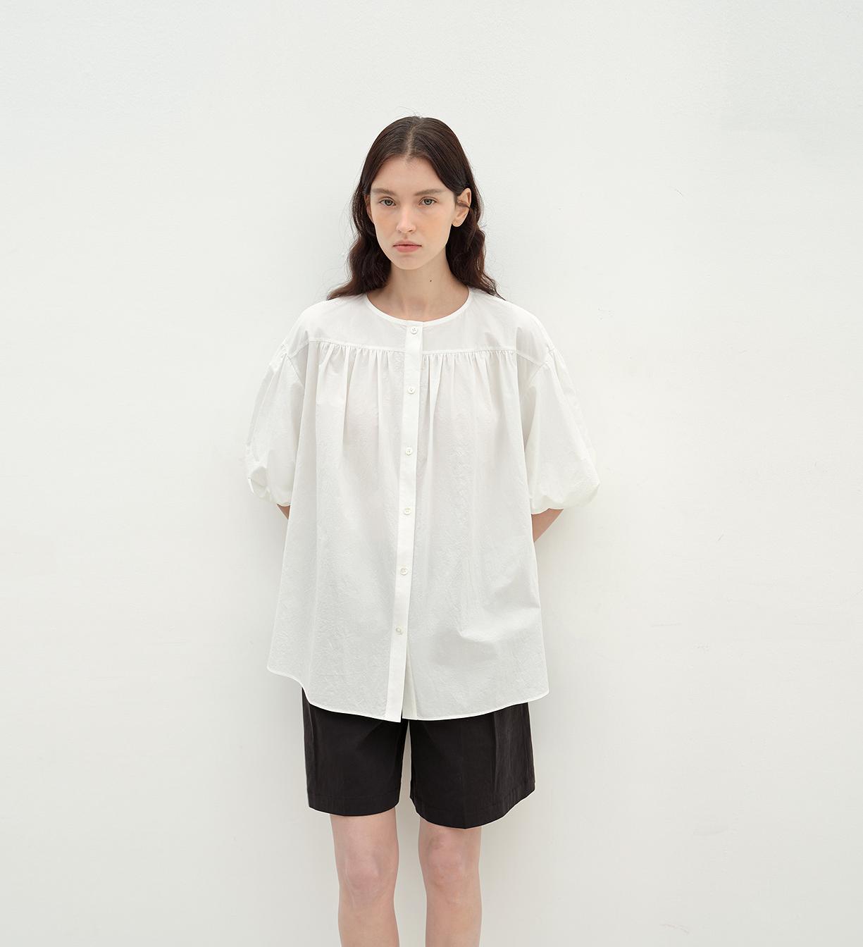 Pure Cotton Slightly Wrinkled Puff Sleeve Short Top for Women