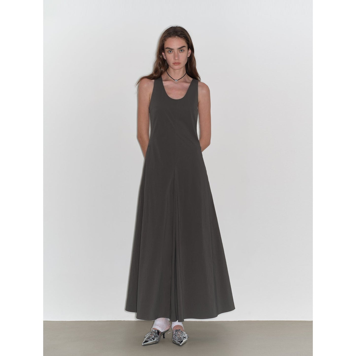 "Lake Bled" Simple and Slim Texture U-Neck A-Line Slim Fit Vest Dress