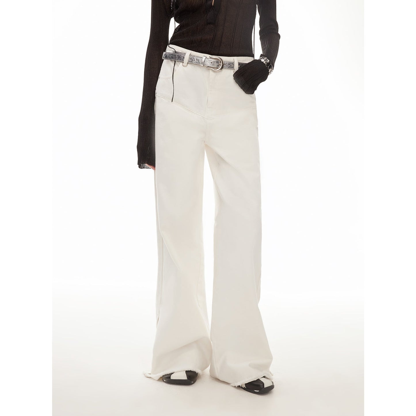 Vintage Style Curved Split Design Wide-Leg Micro-Lapel Mid-Low Waist Denim Pants