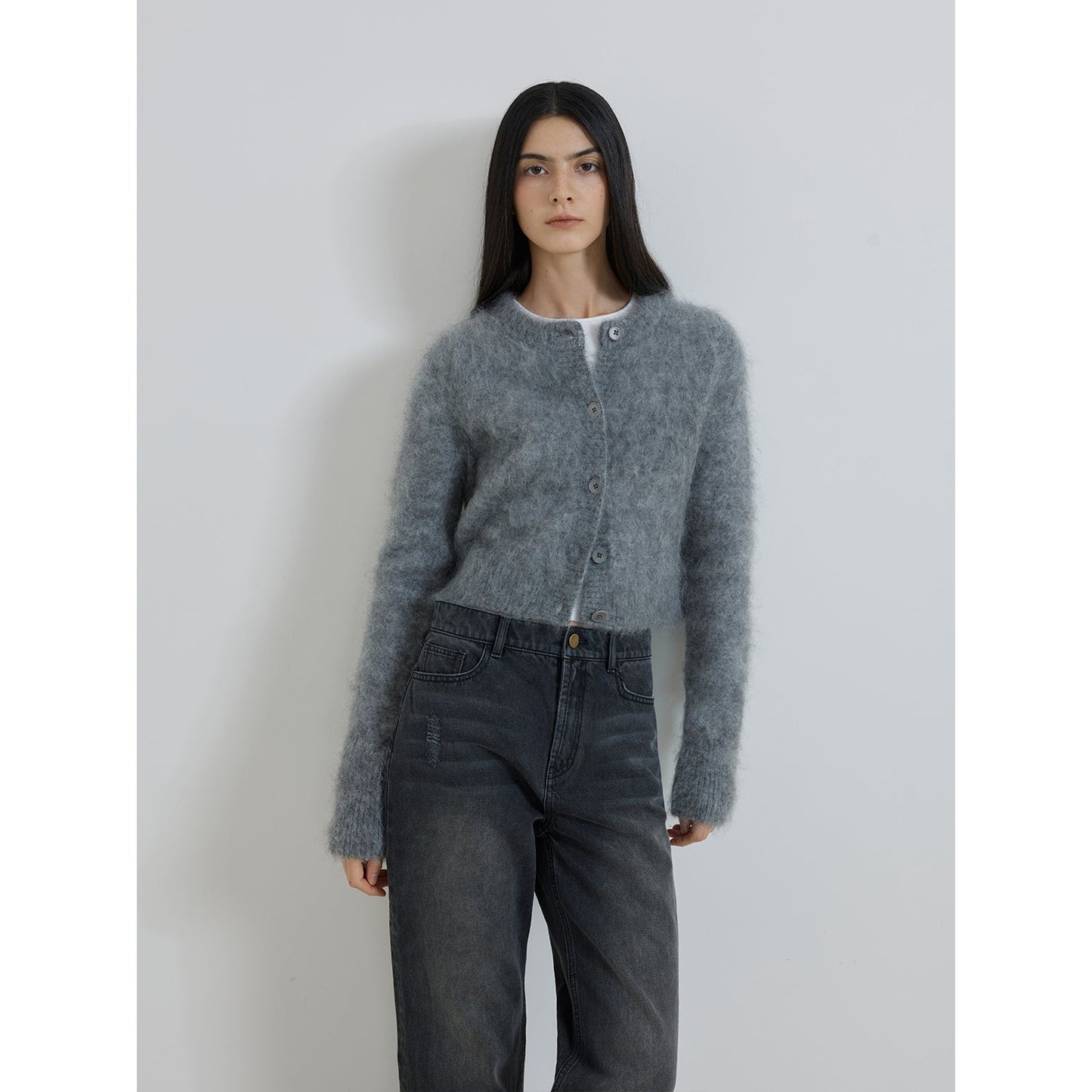 "Relaxation Notes" High-Proportion Mohair Knit Cardigan Women's Loose Short Round Neck Sweater Jacket