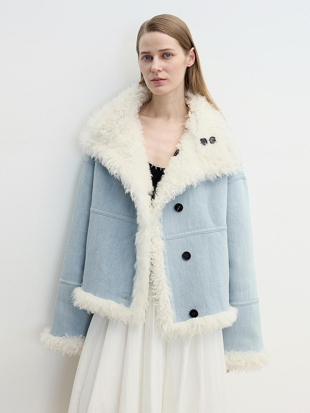 Fireladyfur Women's Faux Leather Shearling Jacket - Long Reversible Wool Coat Christmas Elk Design