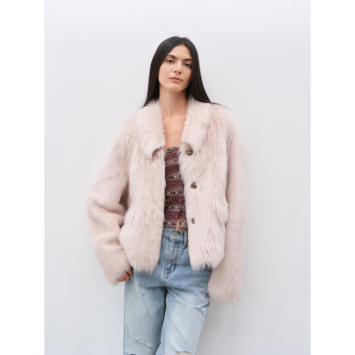 "Dream Walk" Long Lapel Tuscan Wool Sheepskin Short Fur Coat for Women