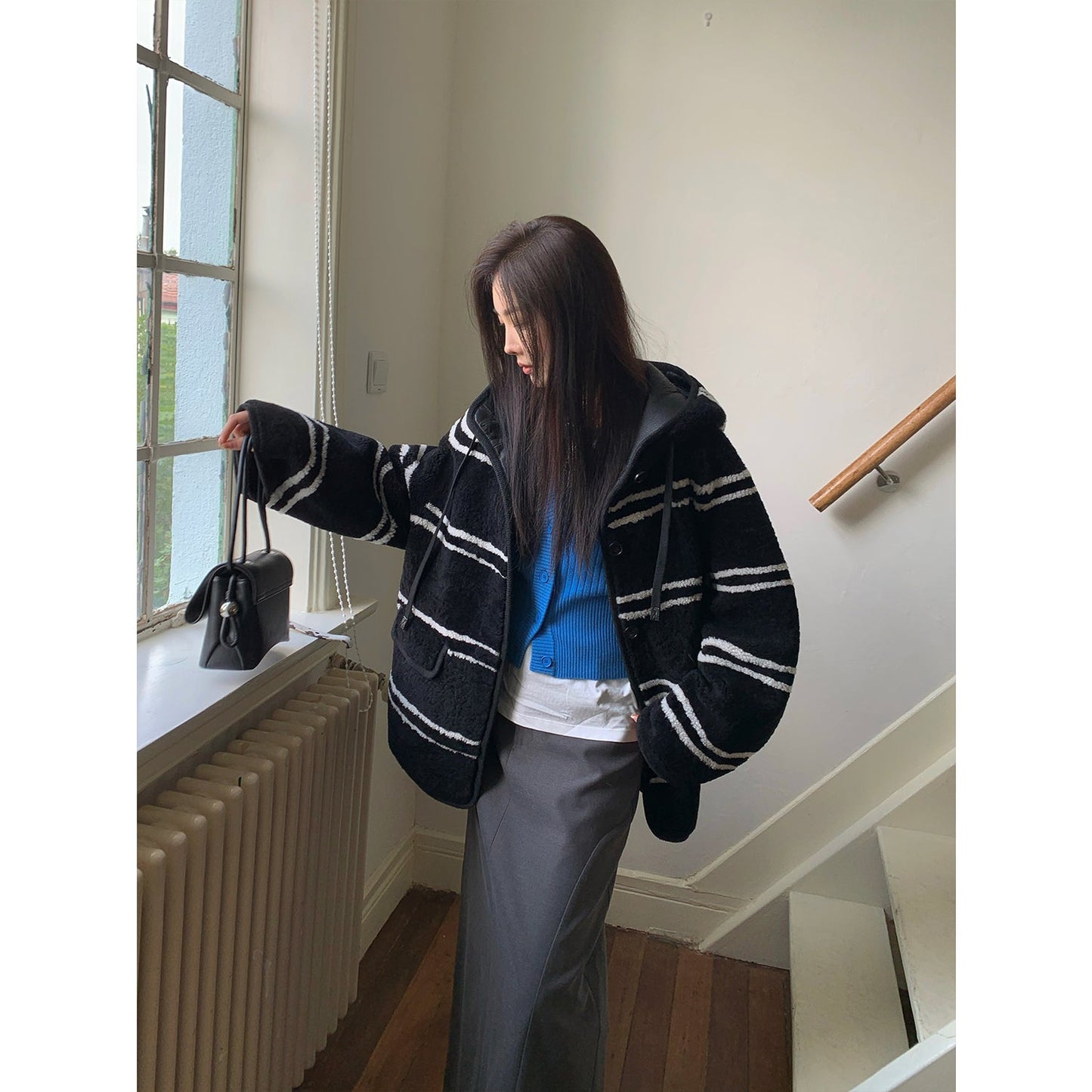 Snowy New Year Merino Sheepskin Lamb Wool Striped Jacket