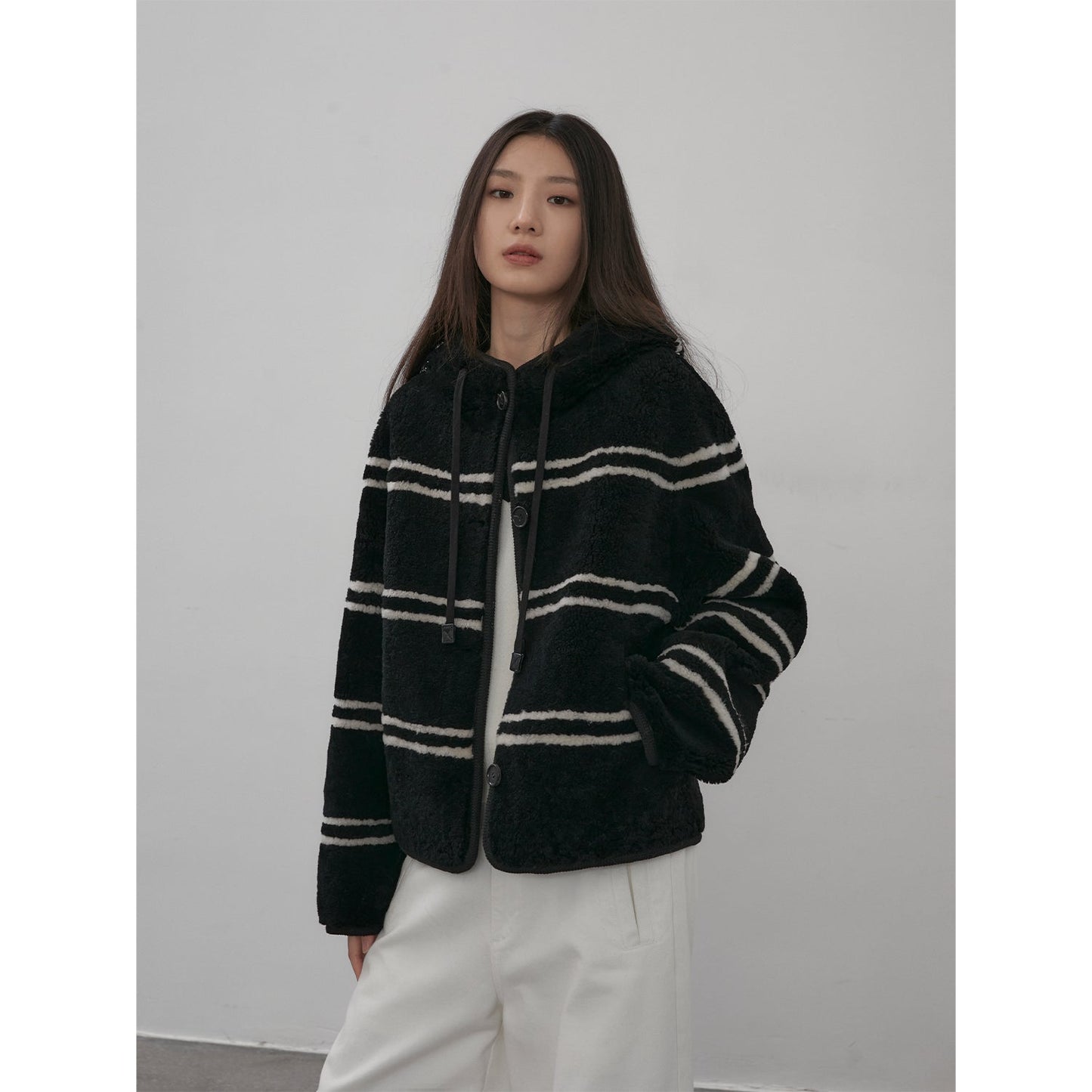 Snowy New Year Merino Sheepskin Lamb Wool Striped Jacket