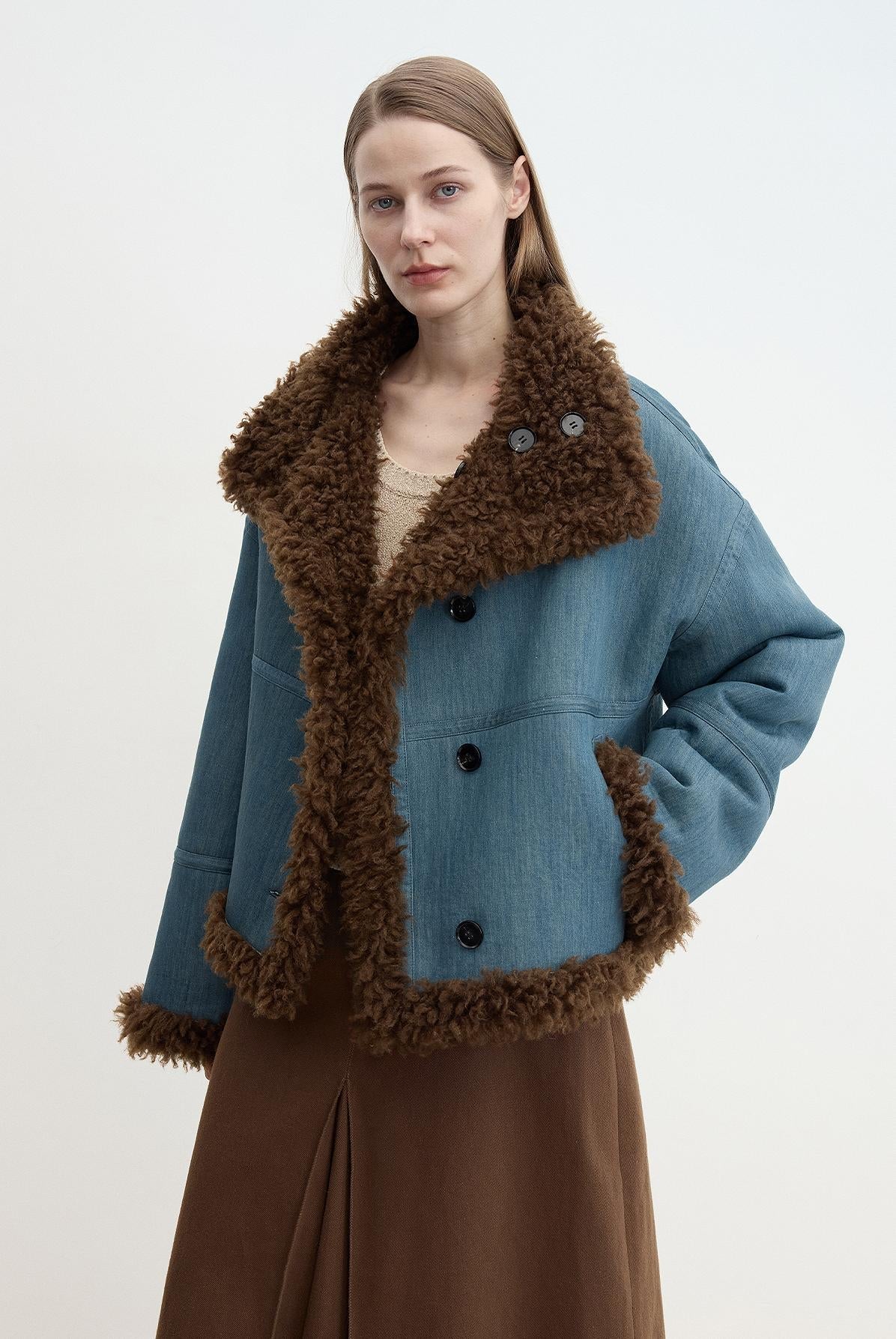 "Makino Traveler" Motorcycle  Reversible Wool and Artificial Compound Suede Shearling  Jacket