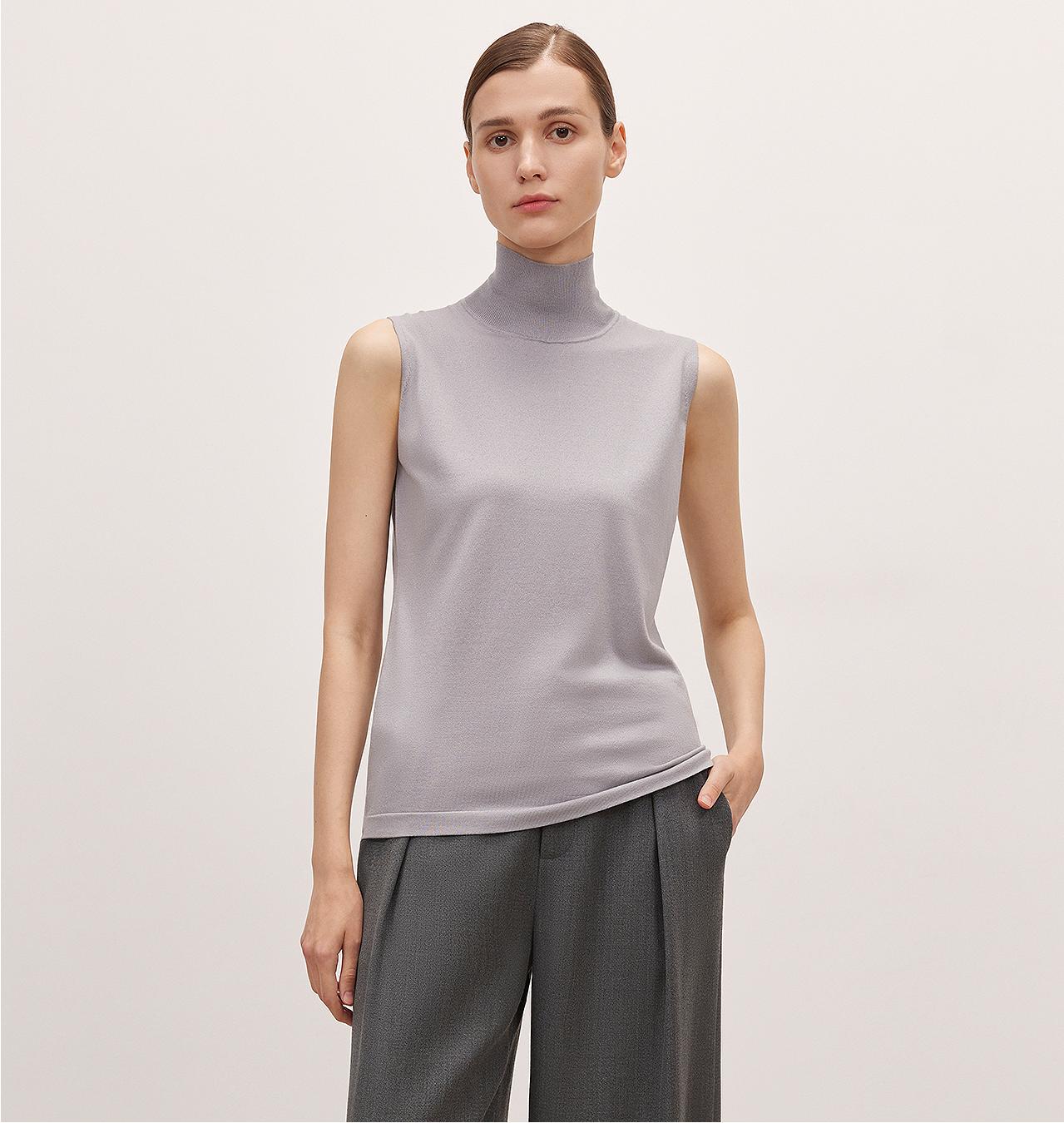 Triacetate Mixed Tencel High Collar Knitted Sleeveless Vest