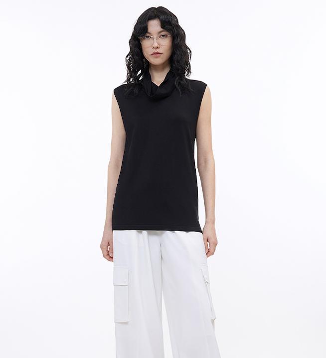 Triacetate Mixed Tencel High Collar Knitted Sleeveless Vest