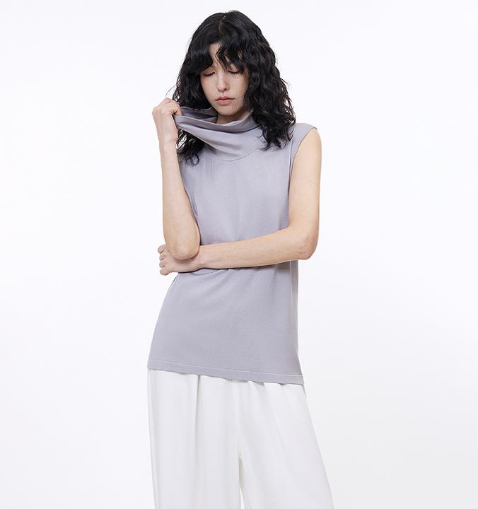 Triacetate Mixed Tencel High Collar Knitted Sleeveless Vest