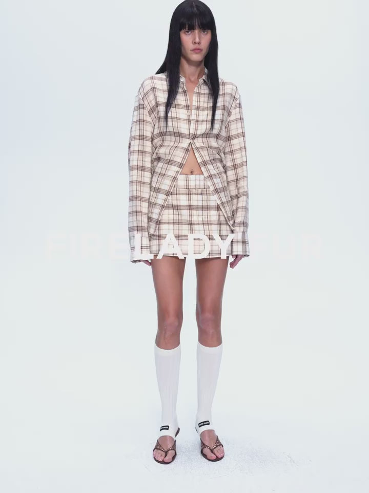 Vintage Linen Shirt Skirt Two-Piece Spring"Plaid Sketch"