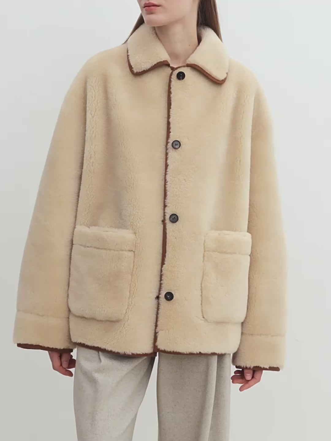 Fireladyfur Women's Faux Leather Shearling Jacket - Furry Lapel Casual Straight Wool Coat