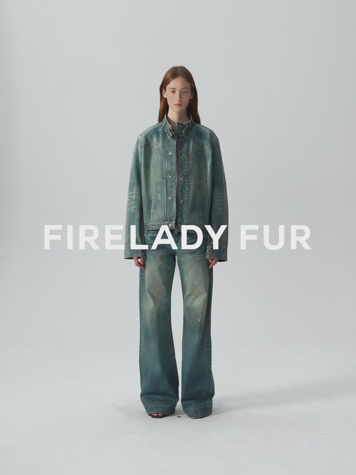 "Welsh" Original Leather Coating Process Distressed Motorcycle Style Stand Collar Short Denim Jacket