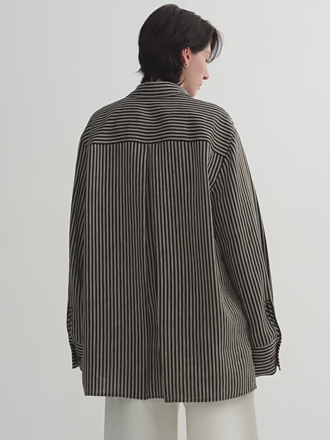 100% Linen Classic Silhouette Pinstripe Lapel Wide Breathable Long Sleeve Spring and Summer Shirt for Women