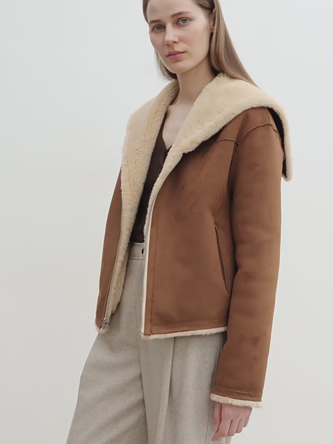 Floating Dune Contrast Navy Collar Shearling Jacket